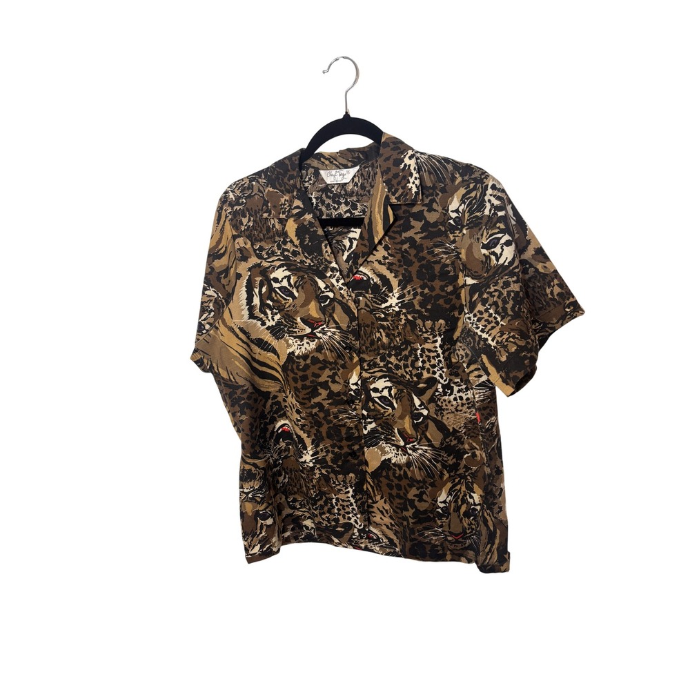 Vintage Cheryl Teigs Wild Tiger Leopard Print Camp Shirt Size 14 Safari Cabin